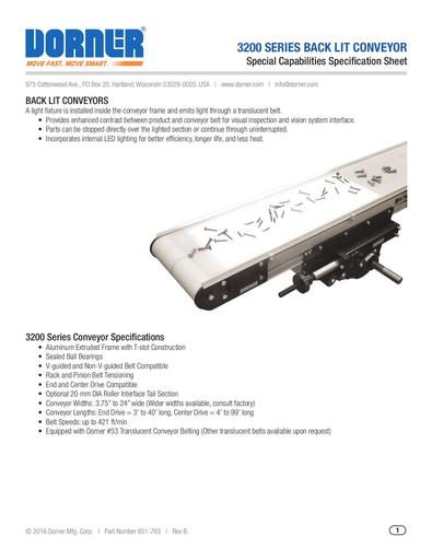 3200 Series Backlit Conveyor Special Capabilities Specification Sheet